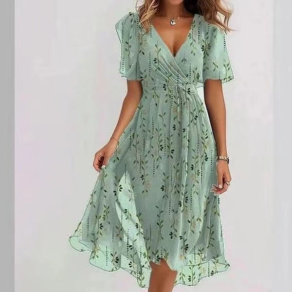 Robe Midi Femme Fleurie – Col V Lien à Nouer Manches Courtes | Style Estival & Féminin