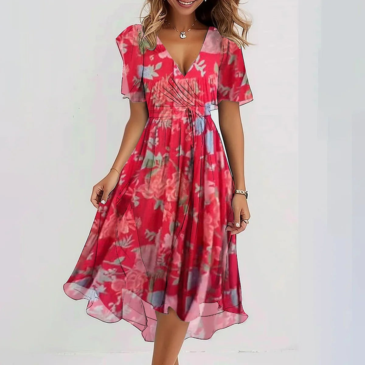 Robe Midi Femme Fleurie – Col V Lien à Nouer Manches Courtes | Style Estival & Féminin