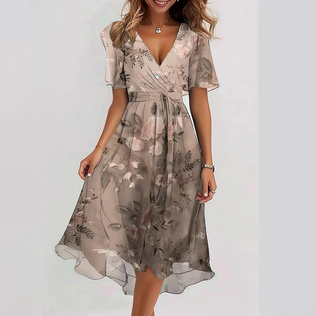 Robe Midi Femme Fleurie – Col V Lien à Nouer Manches Courtes | Style Estival & Féminin