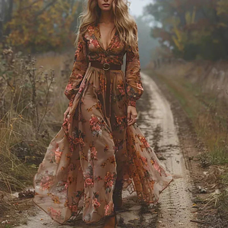 Robe Longue Femme Été – Col V Broderie Florale Taille Ajustée | Élégance Naturelle