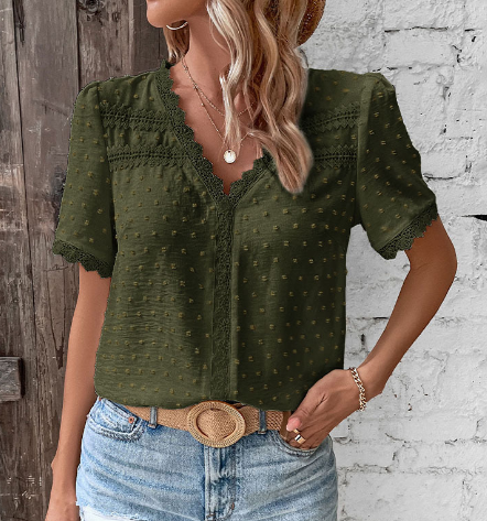 Blouse Femme Col V Dentelle – Manches Courtes Tissu Texturé | Élégance Casual Chic