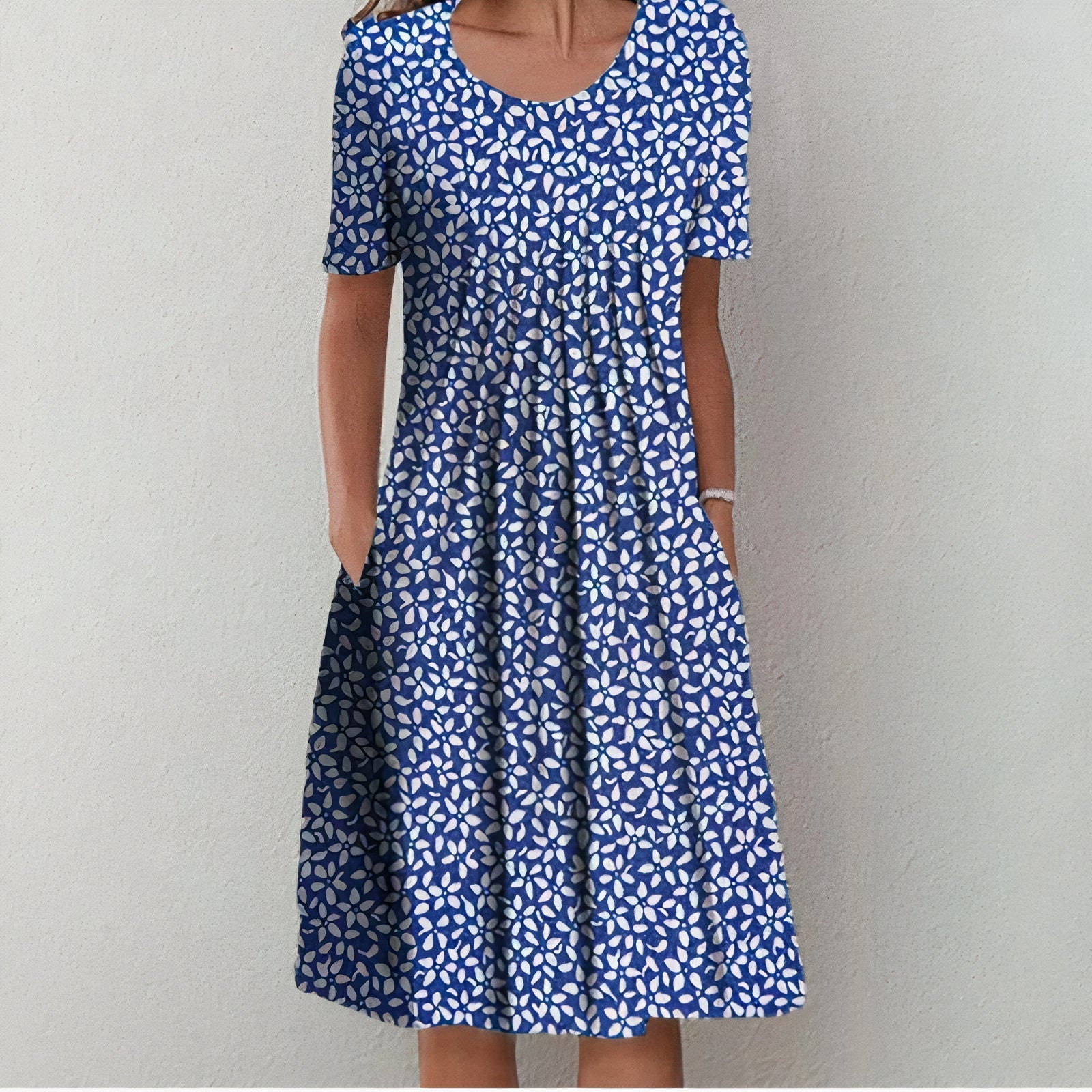 Robe Midi Femme Imprimé Floral – Col Rond Manches Courtes Poches | Fraîche pour les Beaux Jours
