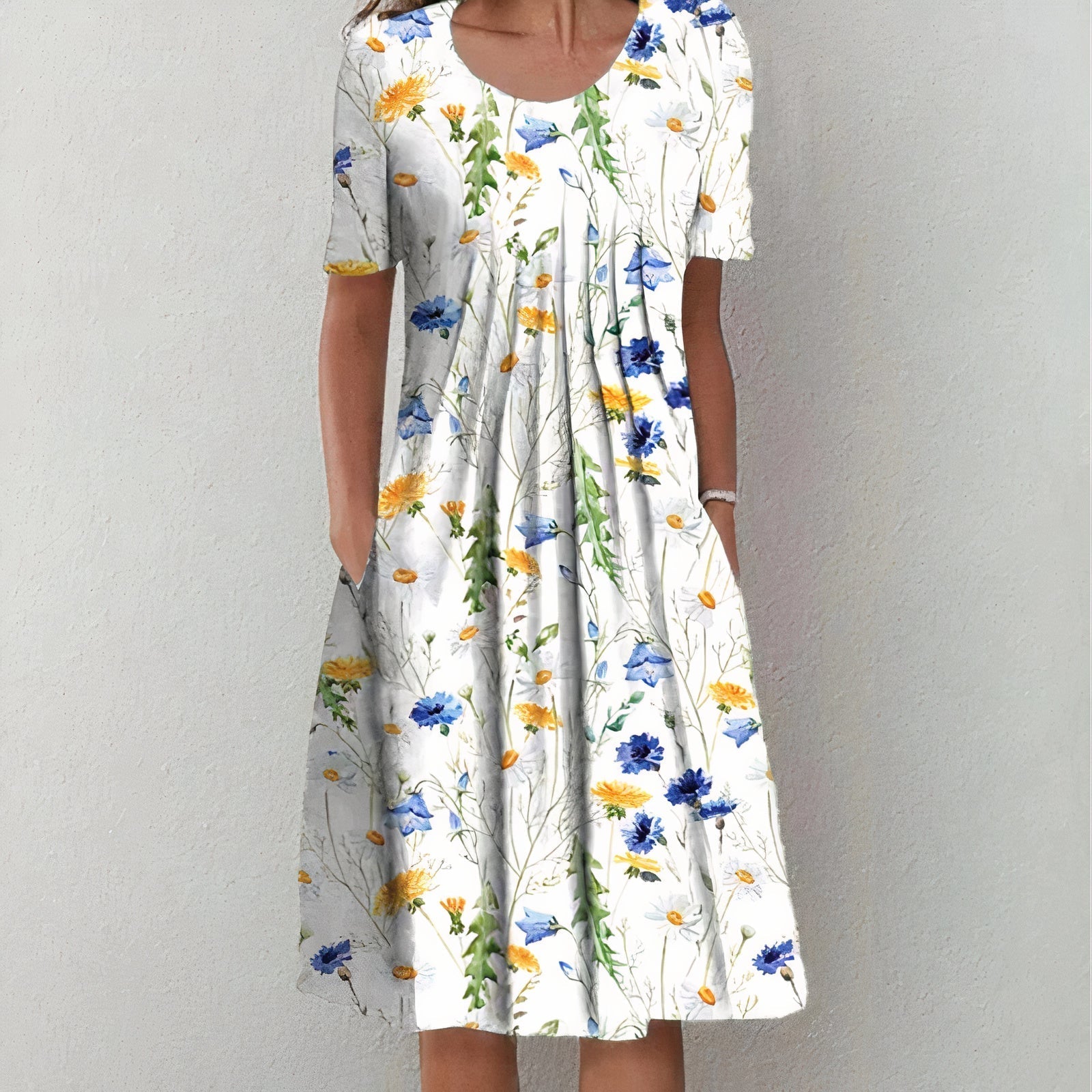 Robe Midi Femme Imprimé Floral – Col Rond Manches Courtes Poches | Fraîche pour les Beaux Jours