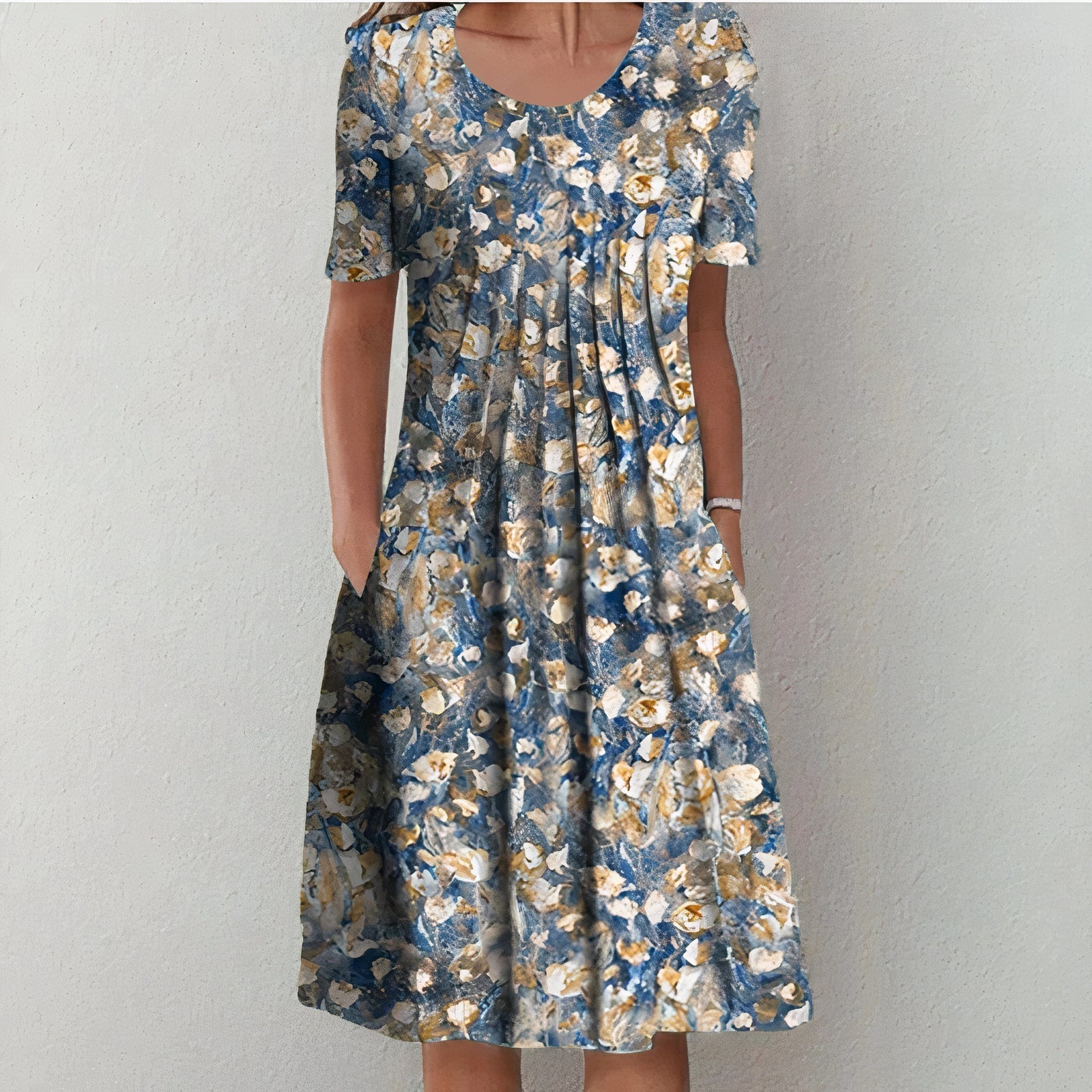 Robe Midi Femme Imprimé Floral – Col Rond Manches Courtes Poches | Fraîche pour les Beaux Jours
