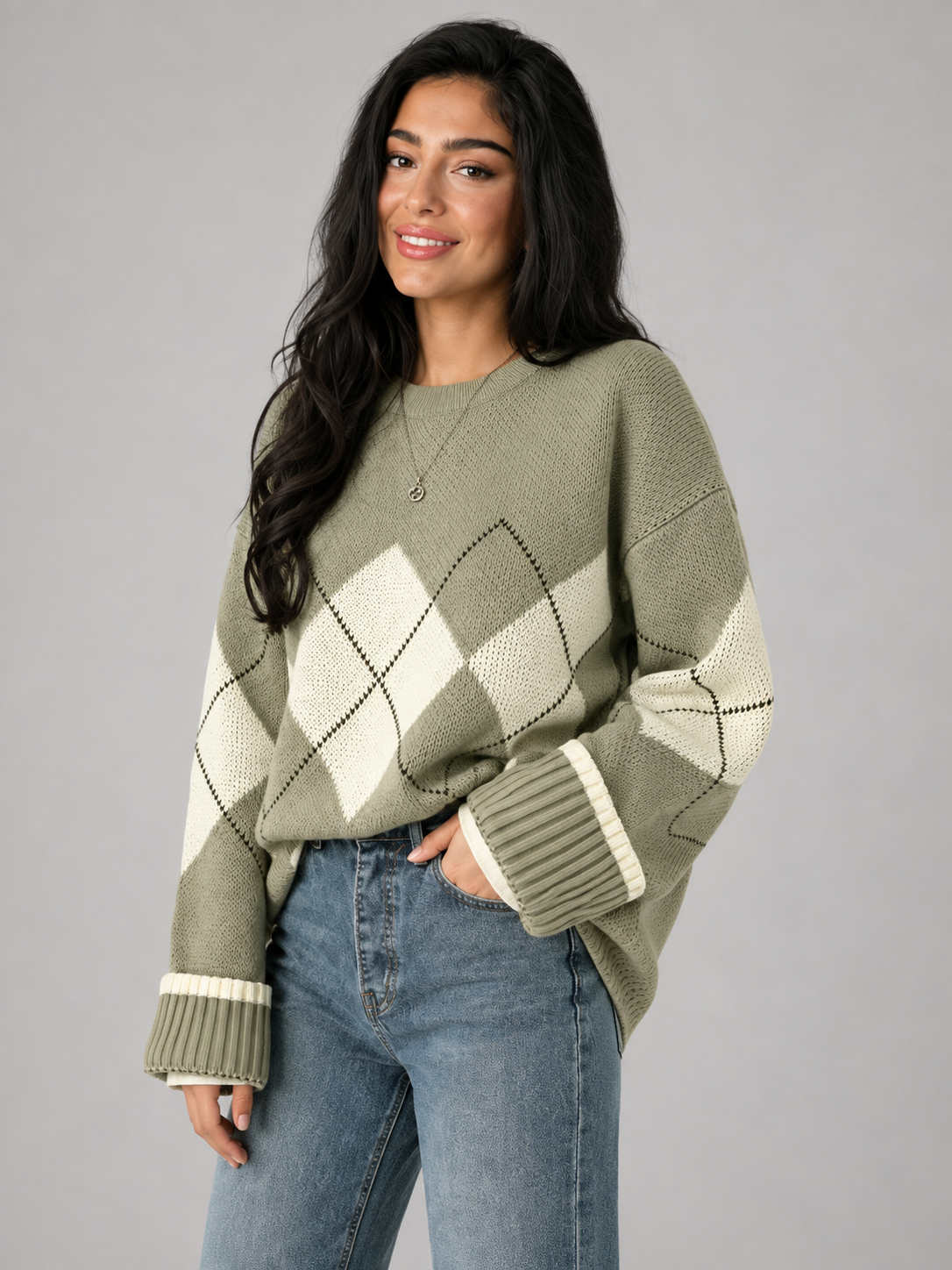Pull Femme Col Rond Motif Argyle – Maille Douce Manches Longues | Style Vintage Chic