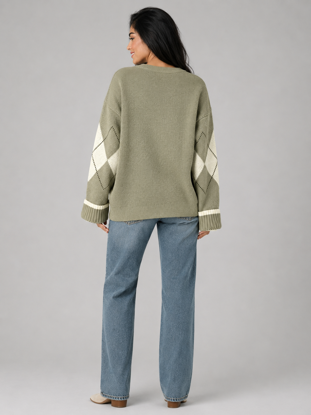 Pull Femme Col Rond Motif Argyle – Maille Douce Manches Longues | Style Vintage Chic
