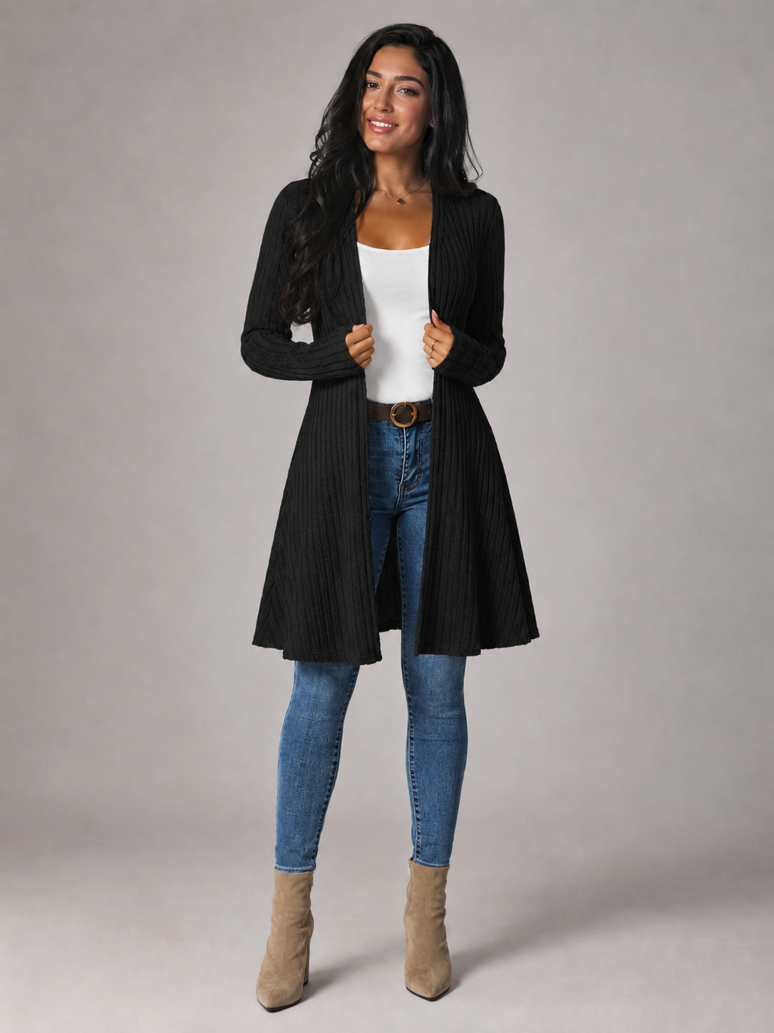 Cardigan Ouvert Femme Côtelé – Manches Longues Coupe Ample | Style Décontracté Cosy