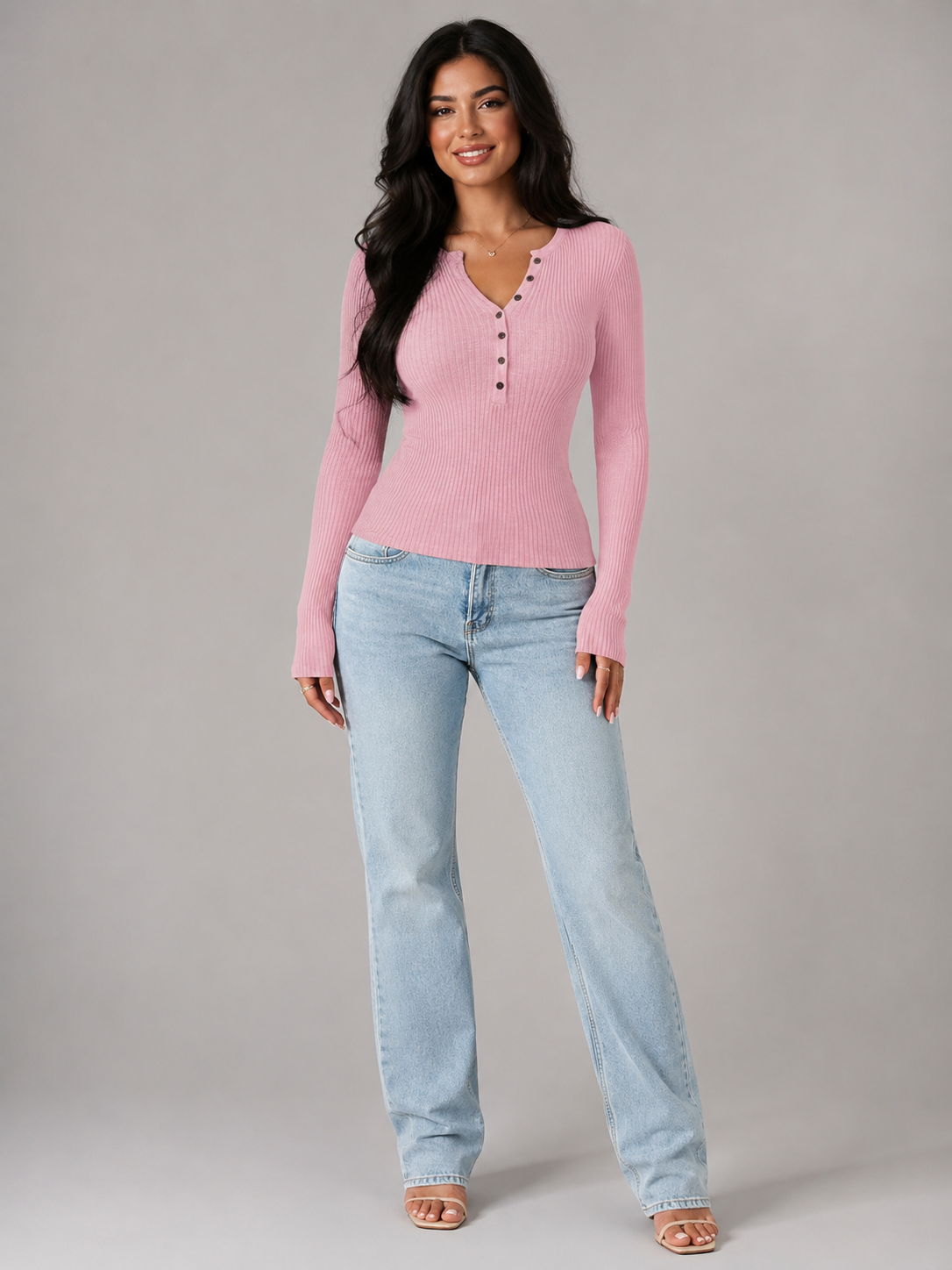 Top Côtelé Femme Boutonnage Frontal – Manches Longues Coupe Ajustée | Style Minimaliste Chic