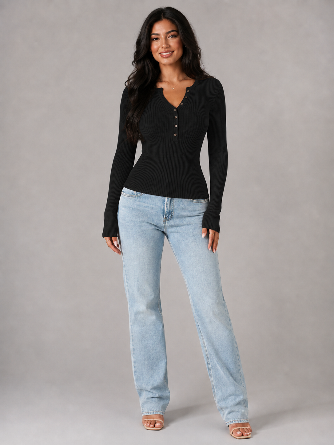 Top Côtelé Femme Boutonnage Frontal – Manches Longues Coupe Ajustée | Style Minimaliste Chic