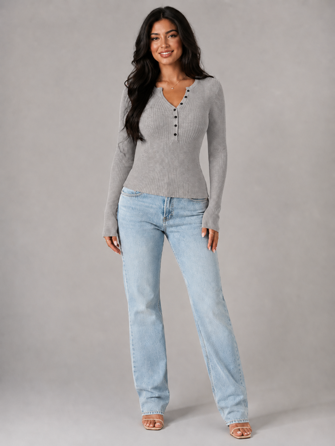 Top Côtelé Femme Boutonnage Frontal – Manches Longues Coupe Ajustée | Style Minimaliste Chic