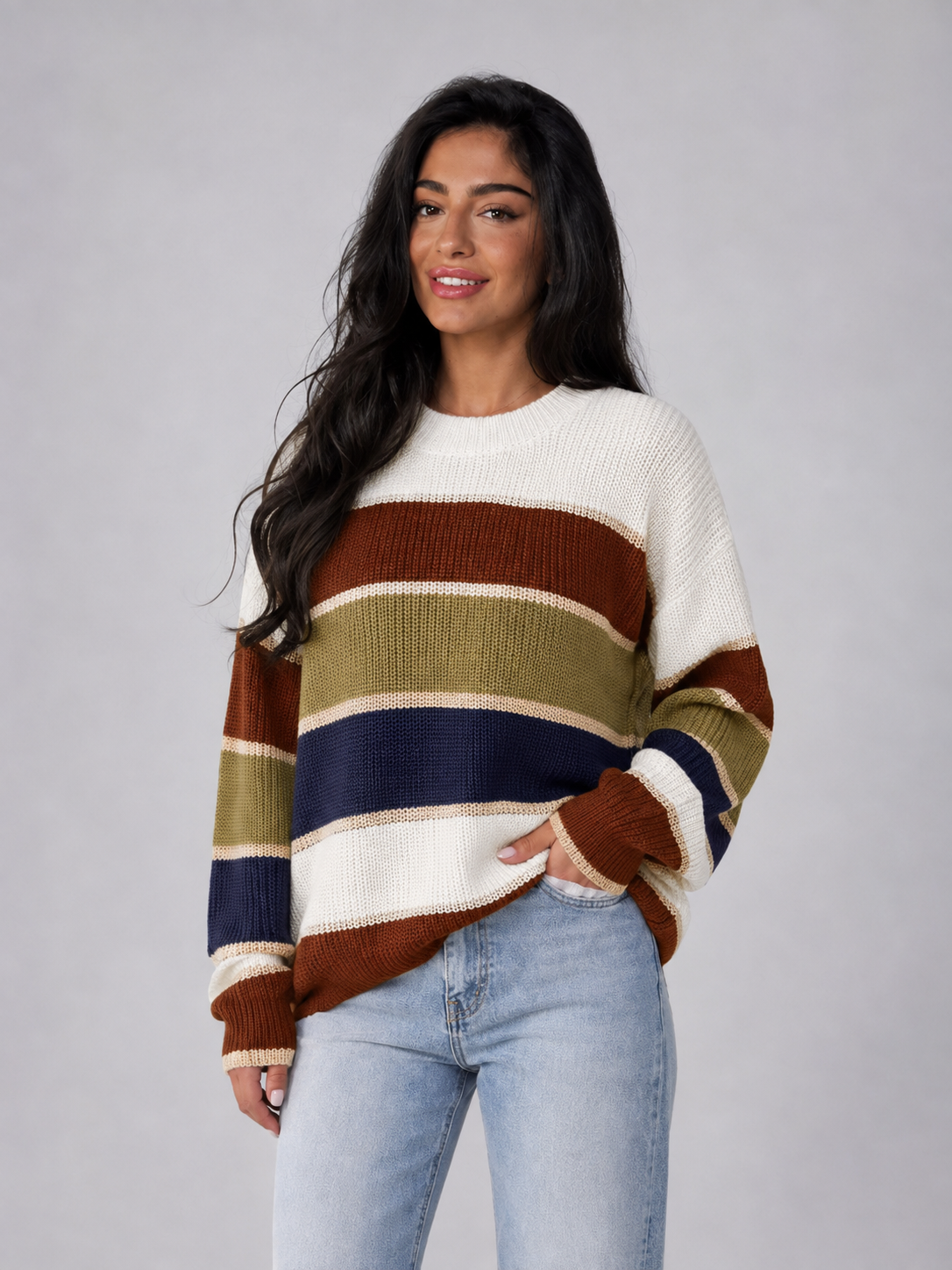 Pull Femme Rayures Col Rond – Manches Longues Maille Douce | Style Classique Intemporel