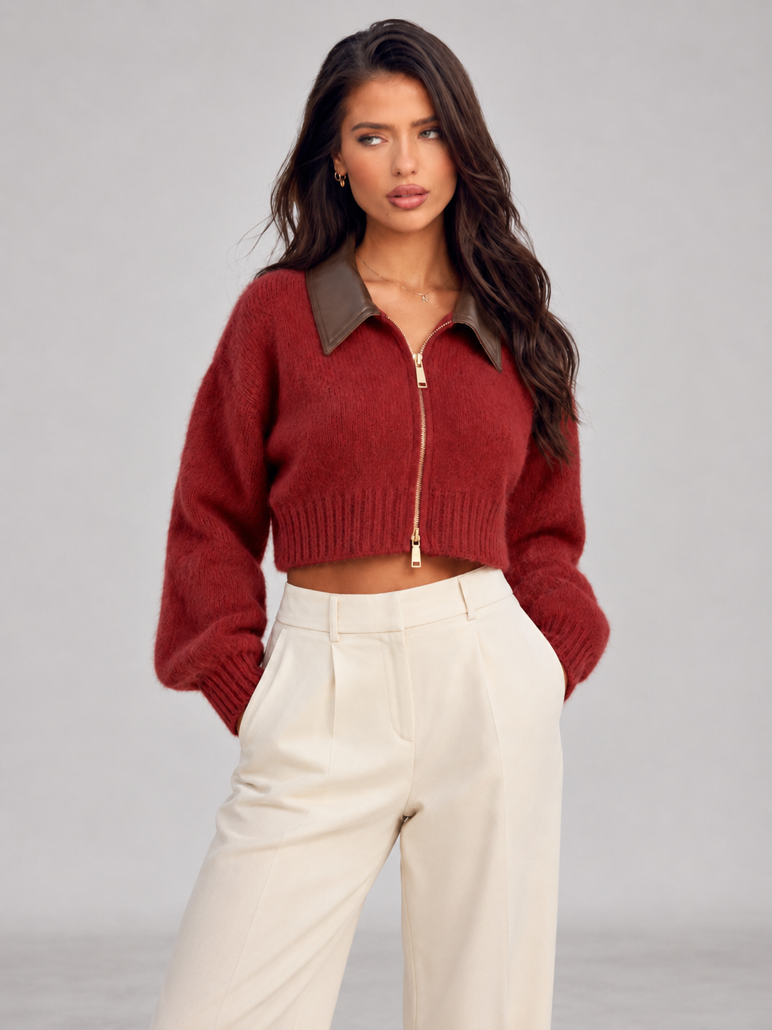 Cardigan Court Femme Zippé Maille Bouclée – Coupe Boxy | Layering Cosy Automne Hiver
