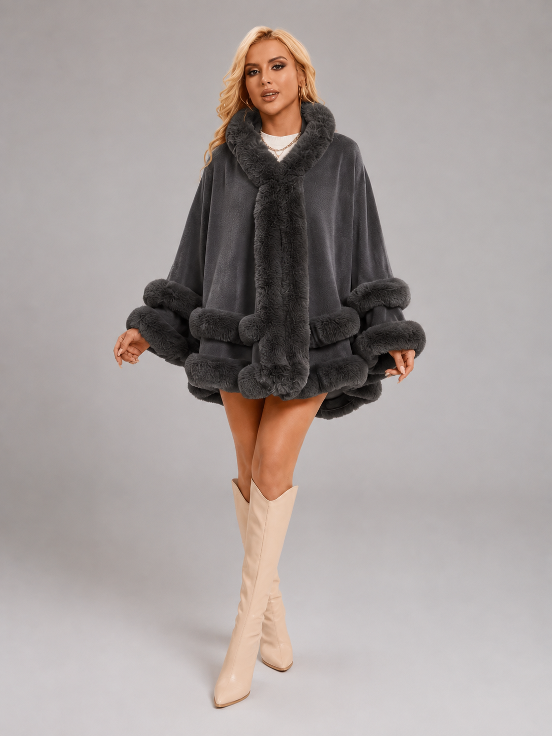 Cardigan Cape Femme Garniture Fourrure – Coupe Ample Douce | Élégance Cosy Hiver