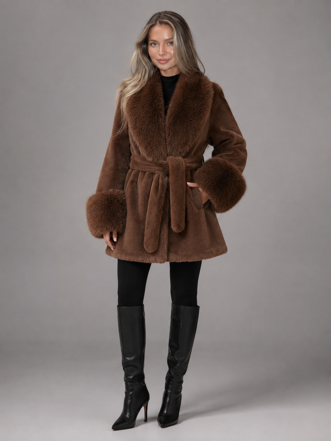 Manteau Femme Col Fourrure Ceinturé – Coupe Longue Élégante | Chic & Chaleureux Hiver
