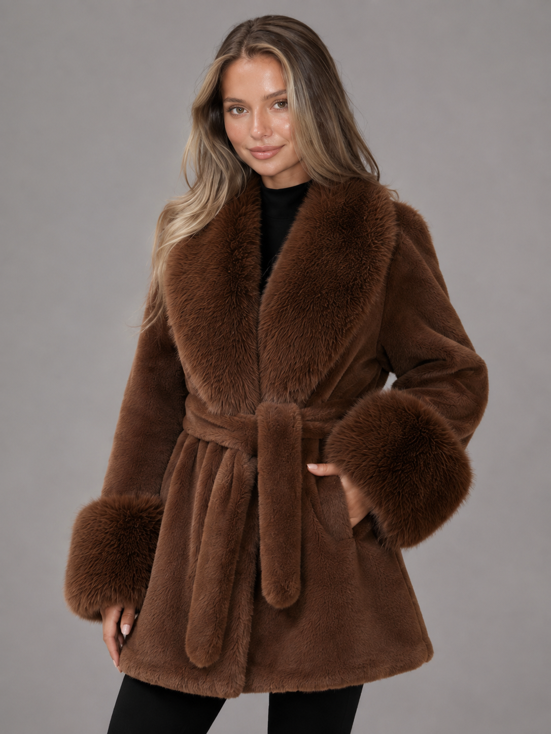 Manteau Femme Col Fourrure Ceinturé – Coupe Longue Élégante | Chic & Chaleureux Hiver