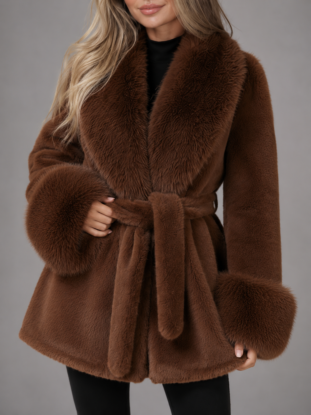Manteau Femme Col Fourrure Ceinturé – Coupe Longue Élégante | Chic & Chaleureux Hiver
