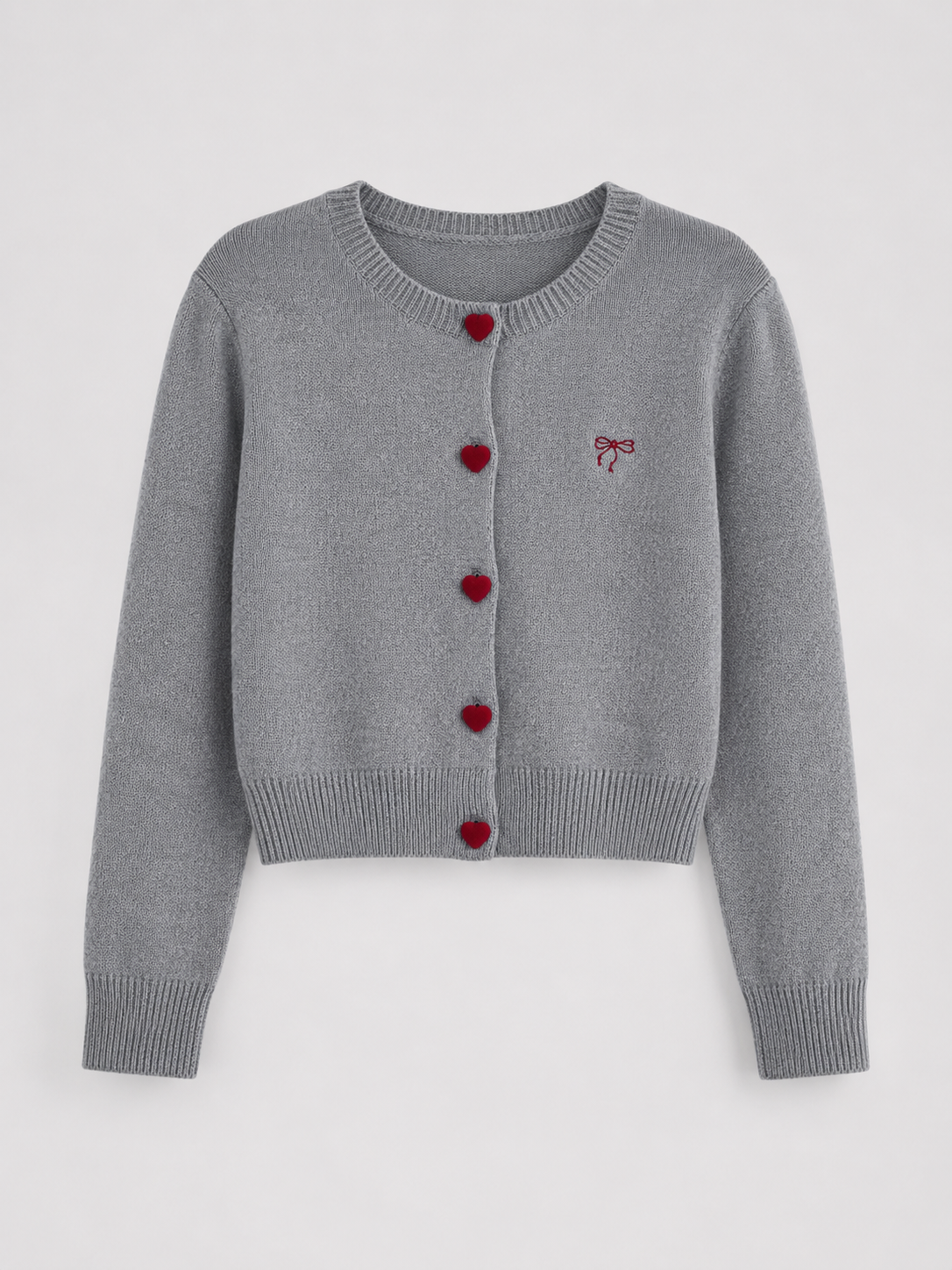 Cardigan Femme Col Rond Boutons Cœur – Broderie Nœud | Douceur & Charme