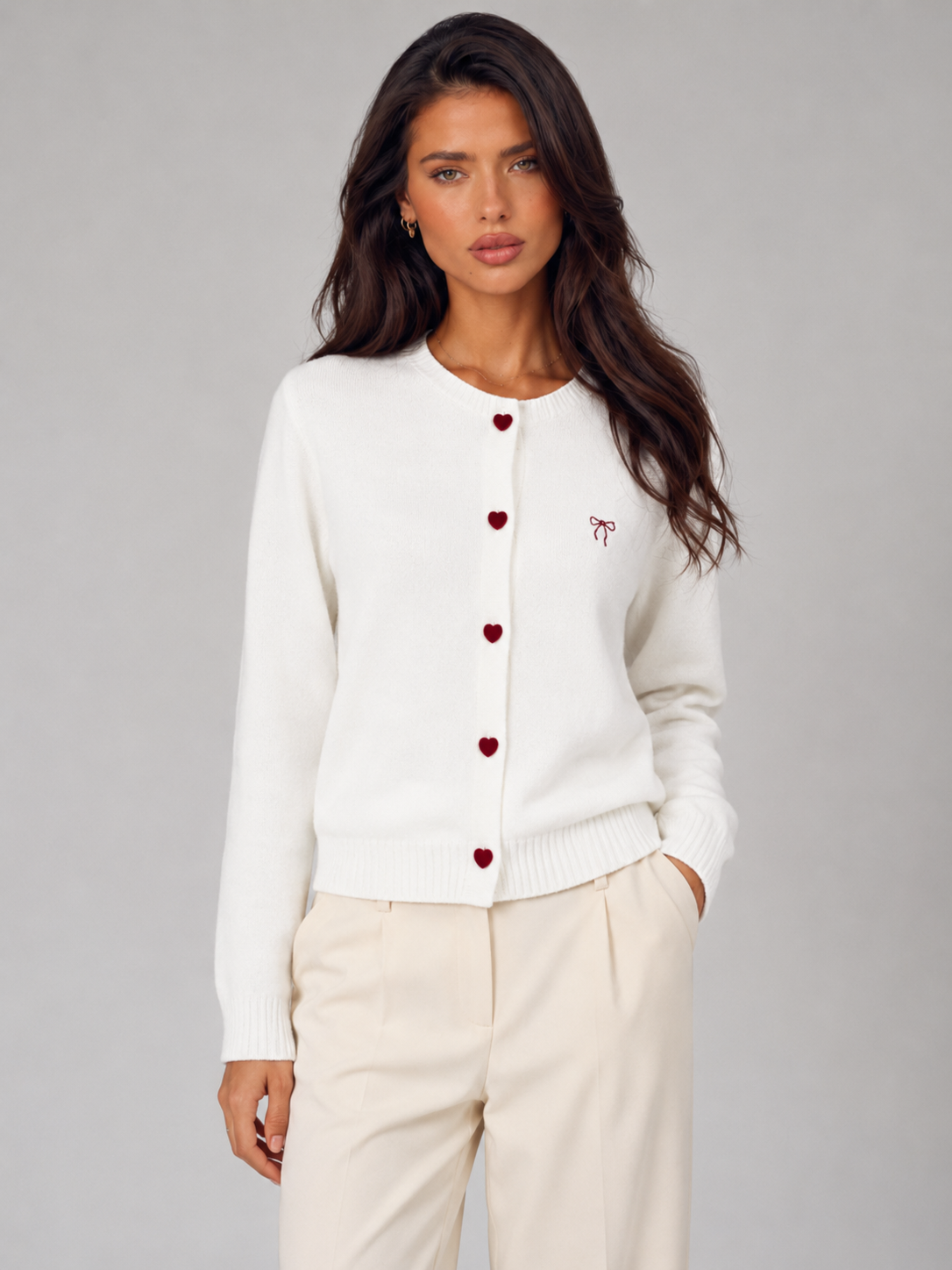 Cardigan Femme Col Rond Boutons Cœur – Broderie Nœud | Douceur & Charme