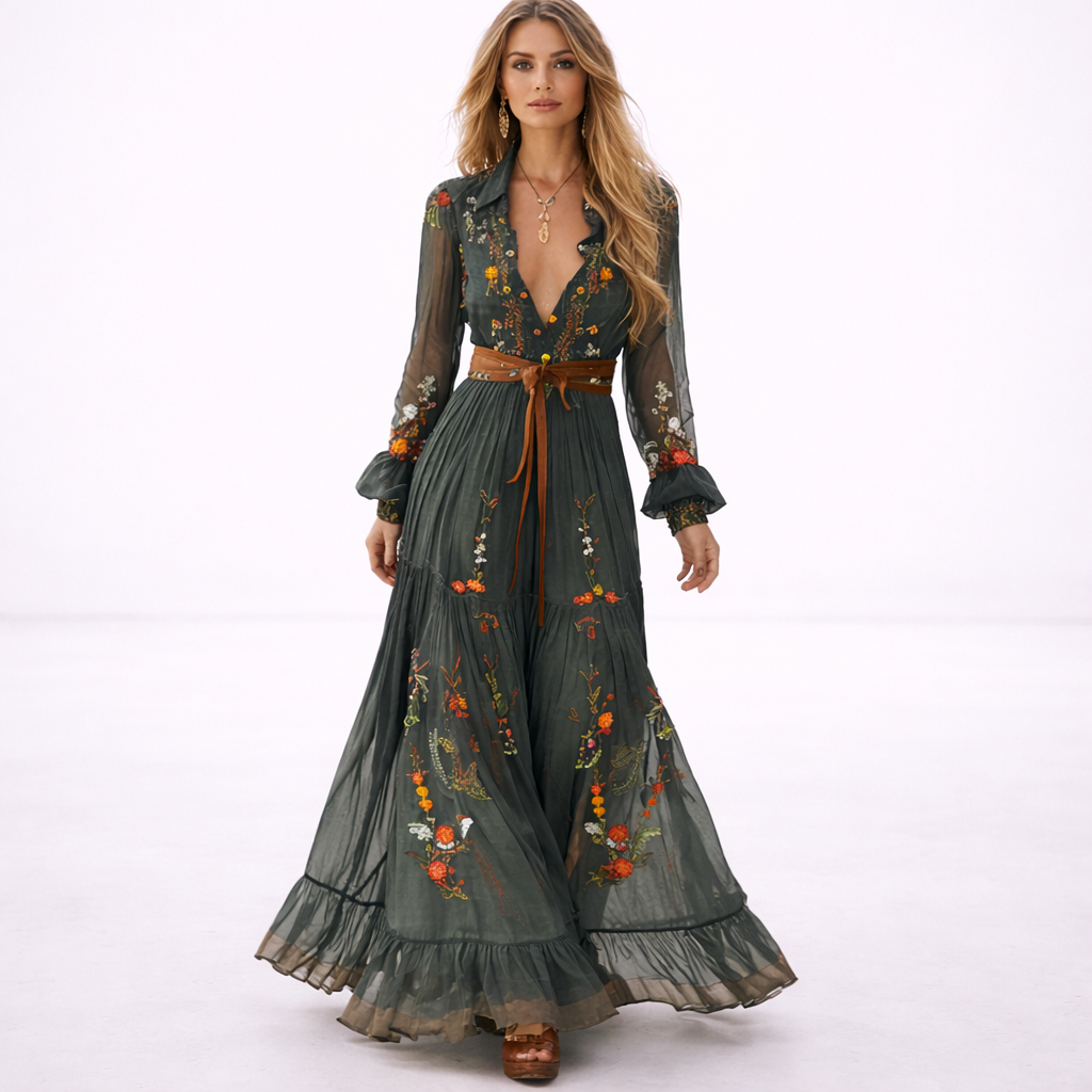 Robe Longue Femme Été – Col V Broderie Florale Taille Ajustée | Élégance Naturelle