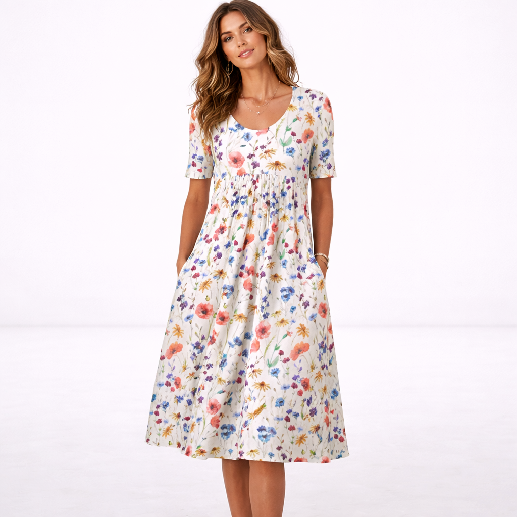Robe Midi Femme Imprimé Floral – Col Rond Manches Courtes Poches | Fraîche pour les Beaux Jours