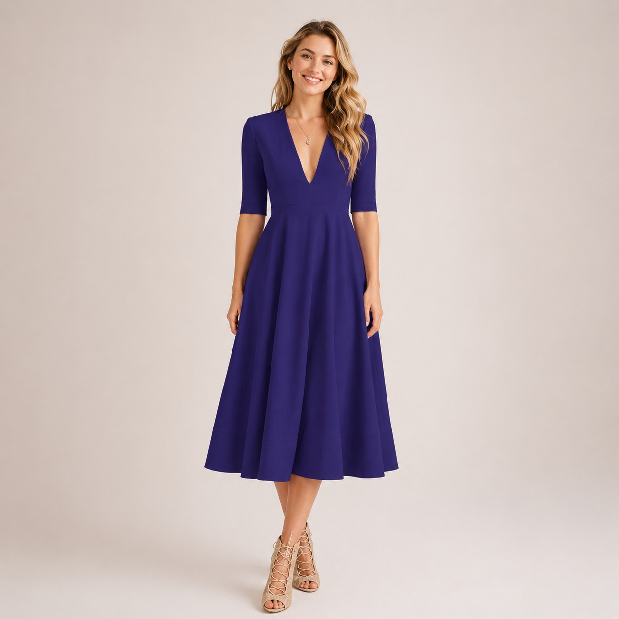 Robe Midi Femme Col V – Taille Ajustée Jupe Évasée | Silhouette Chic au Quotidien