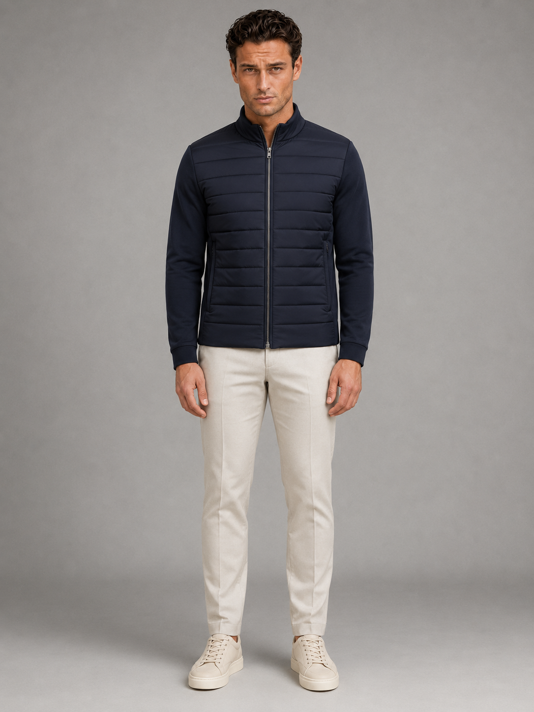 Veste Hybride Matelassée Homme Zippée – Col Droit Manches Jersey | Légèreté & Chaleur