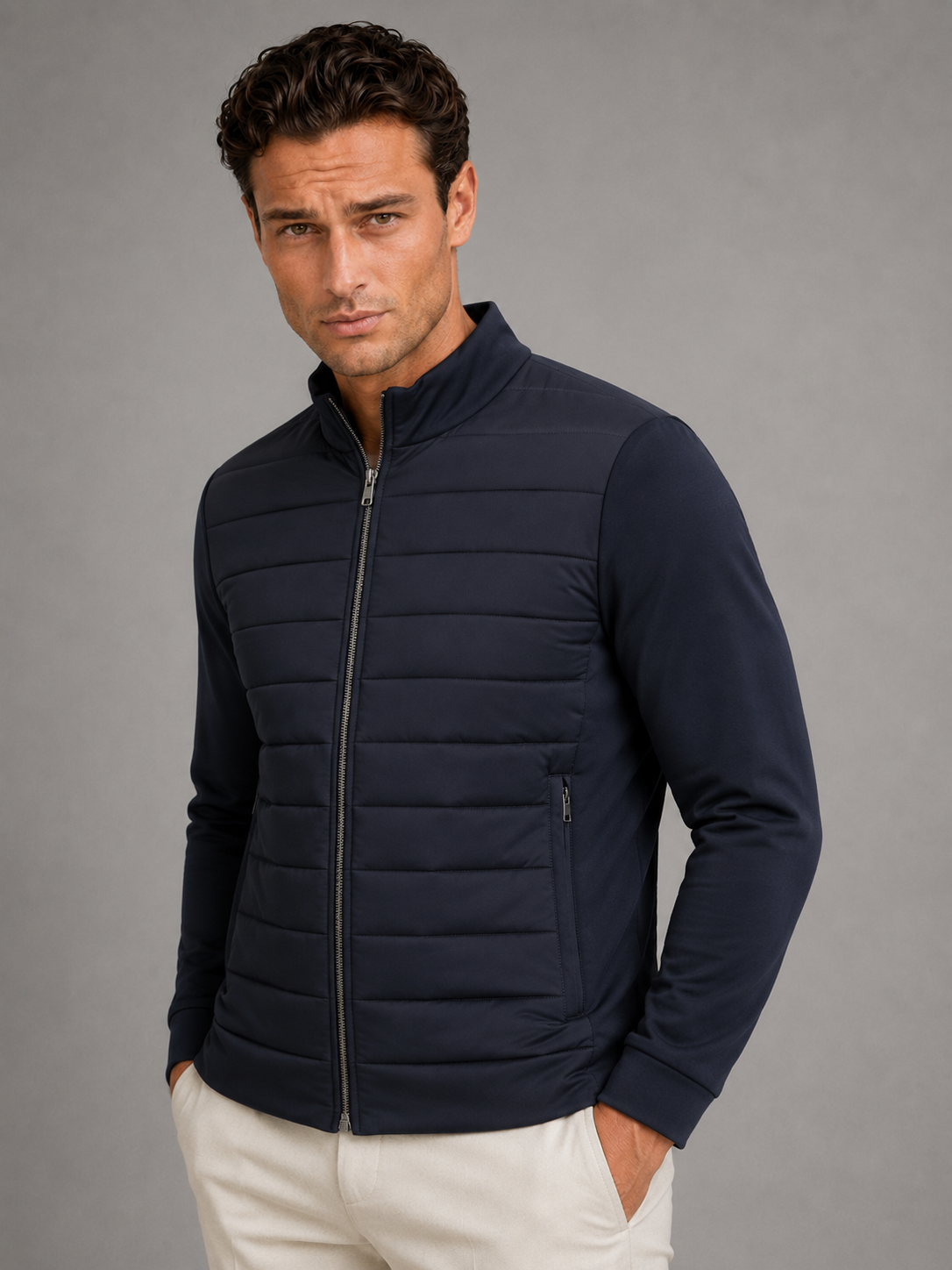 Veste Hybride Matelassée Homme Zippée – Col Droit Manches Jersey | Légèreté & Chaleur