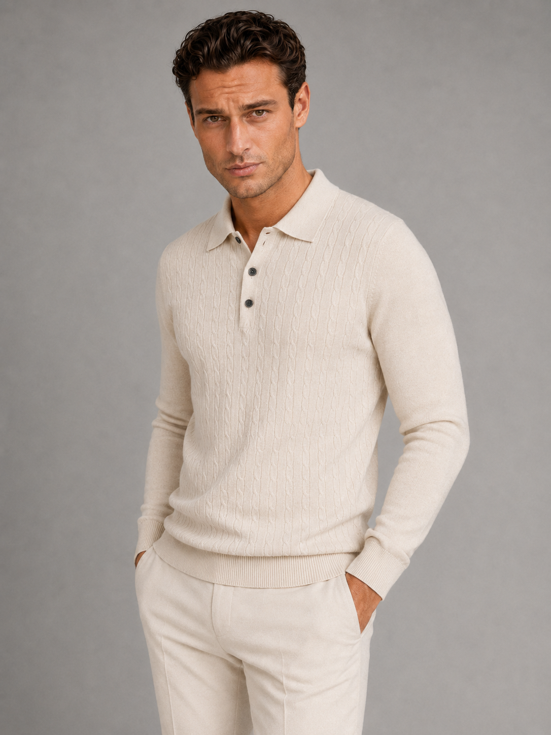Pull Homme Col Polo Manches Longues Cable Knit – Torsades Classiques | Chic & Chaleureux