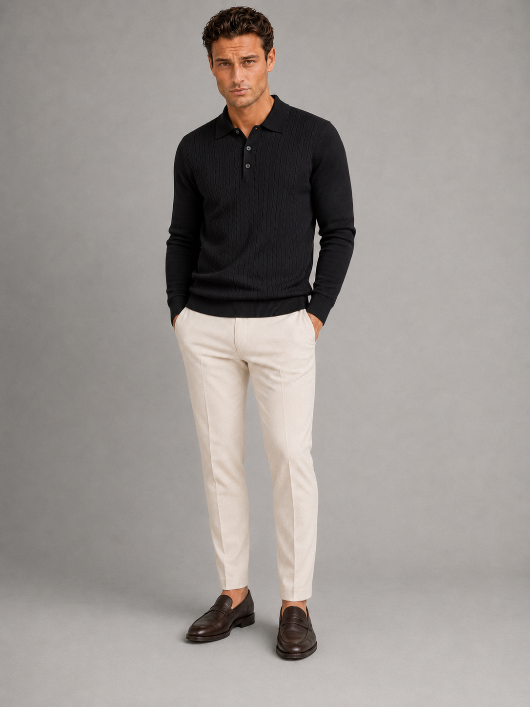 Pull Homme Col Polo Manches Longues Cable Knit – Torsades Classiques | Chic & Chaleureux