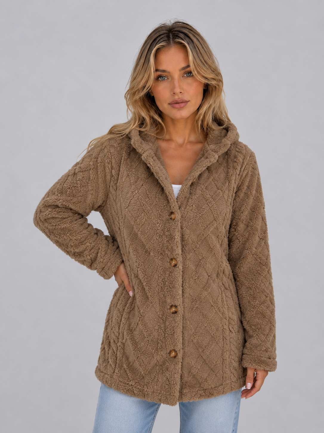 Cardigan Femme Teddy Fleece Capuche – Poches Avant Coupe Ample | Douceur & Confort Hiver