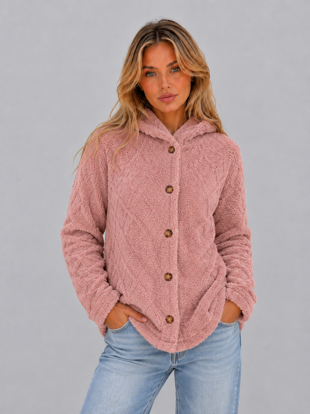 Cardigan Femme Teddy Fleece Capuche – Poches Avant Coupe Ample | Douceur & Confort Hiver