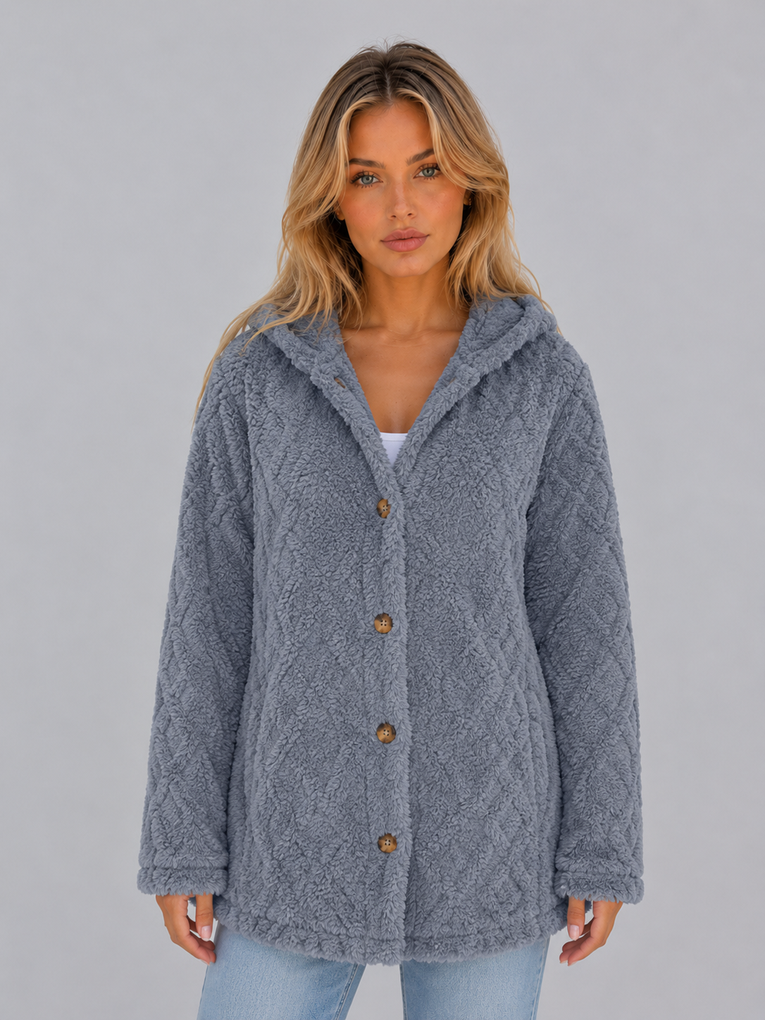 Cardigan Femme Teddy Fleece Capuche – Poches Avant Coupe Ample | Douceur & Confort Hiver