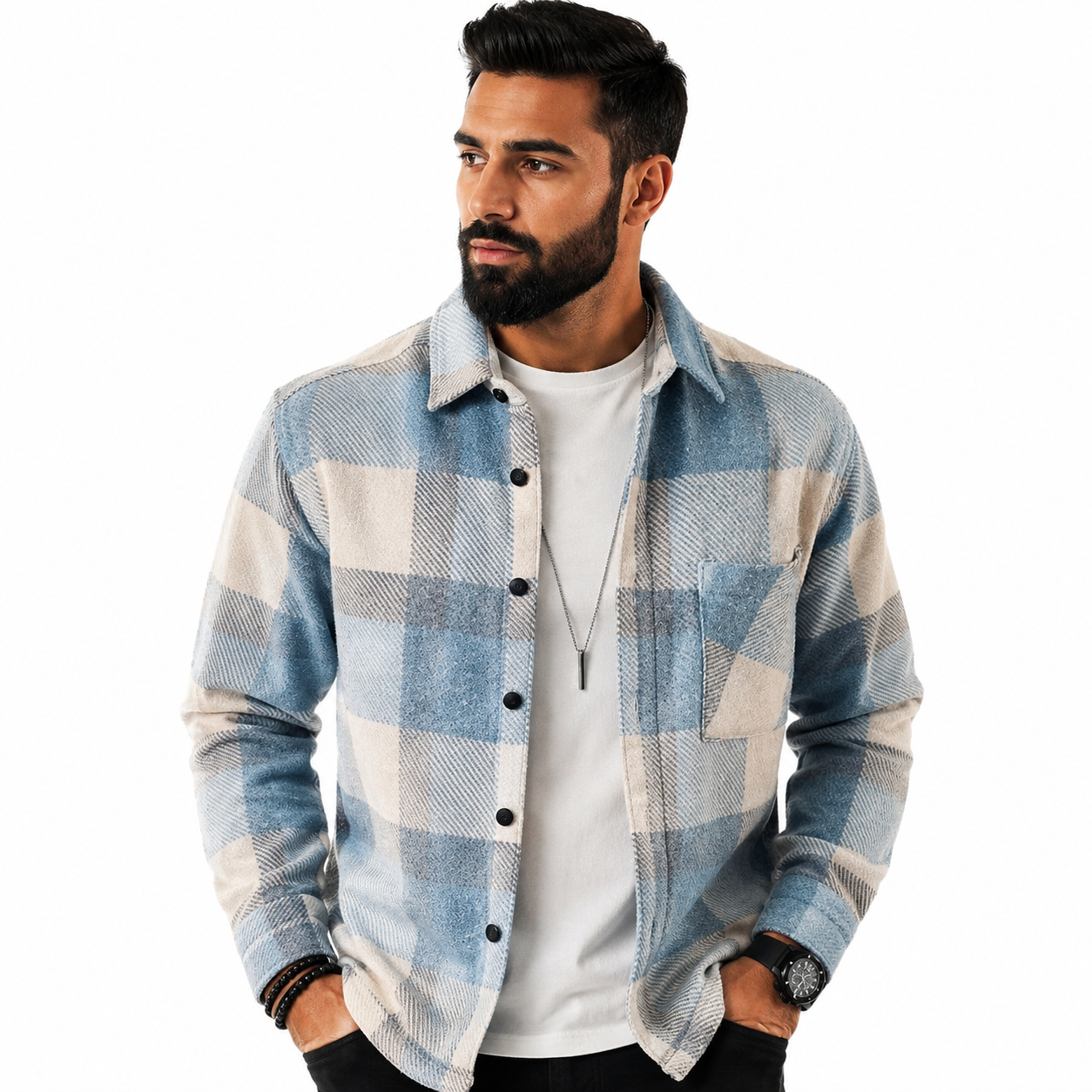 Veste homme à carreaux manches longues style casual confortable avec poche poitrine