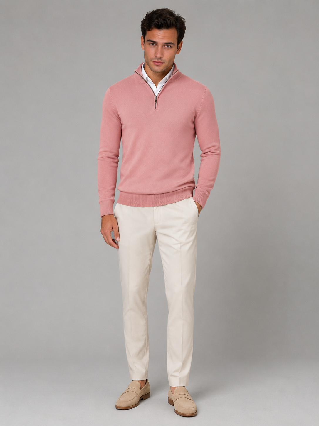 Pull Homme Col Mock Quarter-Zip – Maille Fine Liserés Contrastés | Smart Casual