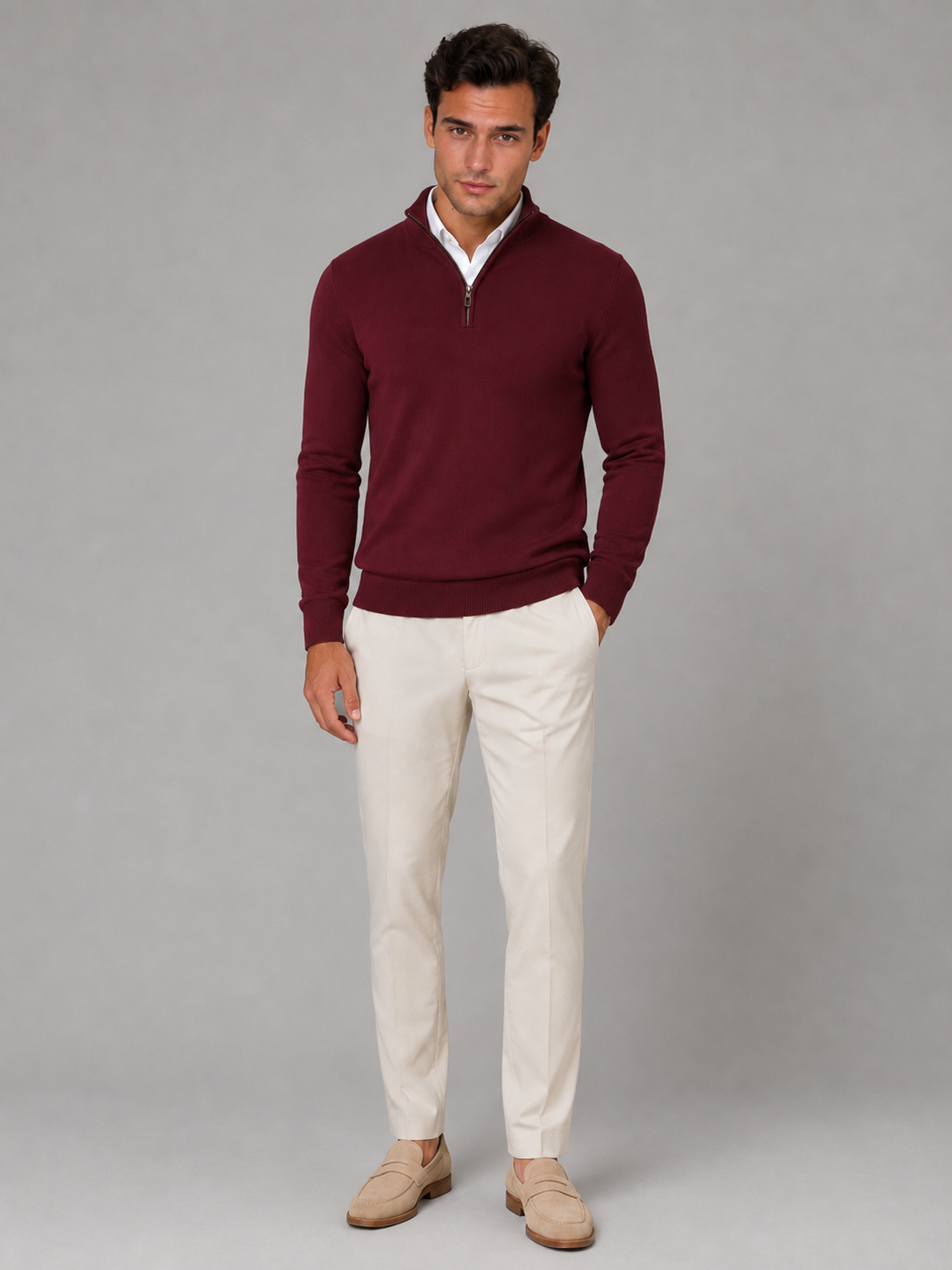 Pull Homme Col Mock Quarter-Zip – Maille Fine Liserés Contrastés | Smart Casual