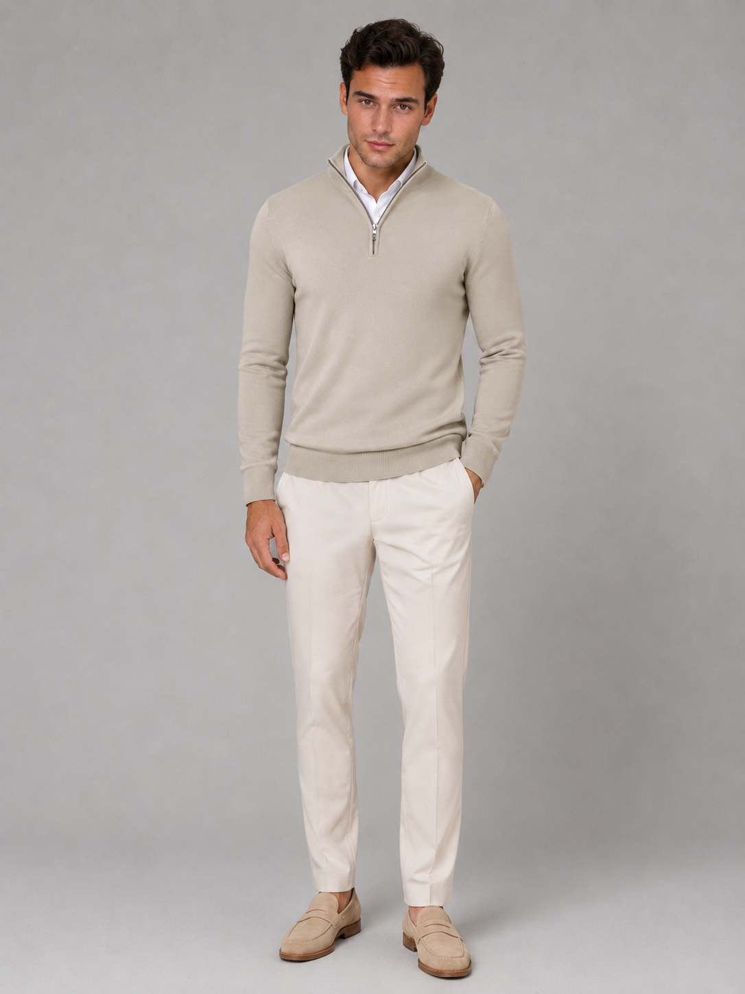 Pull Homme Col Mock Quarter-Zip – Maille Fine Liserés Contrastés | Smart Casual