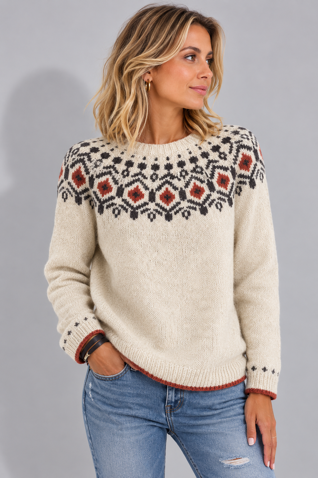 Pull Fair Isle Femme Jacquard Col Rond – Pull Nordique Coupe Ample | Style Cosy d'Hiver