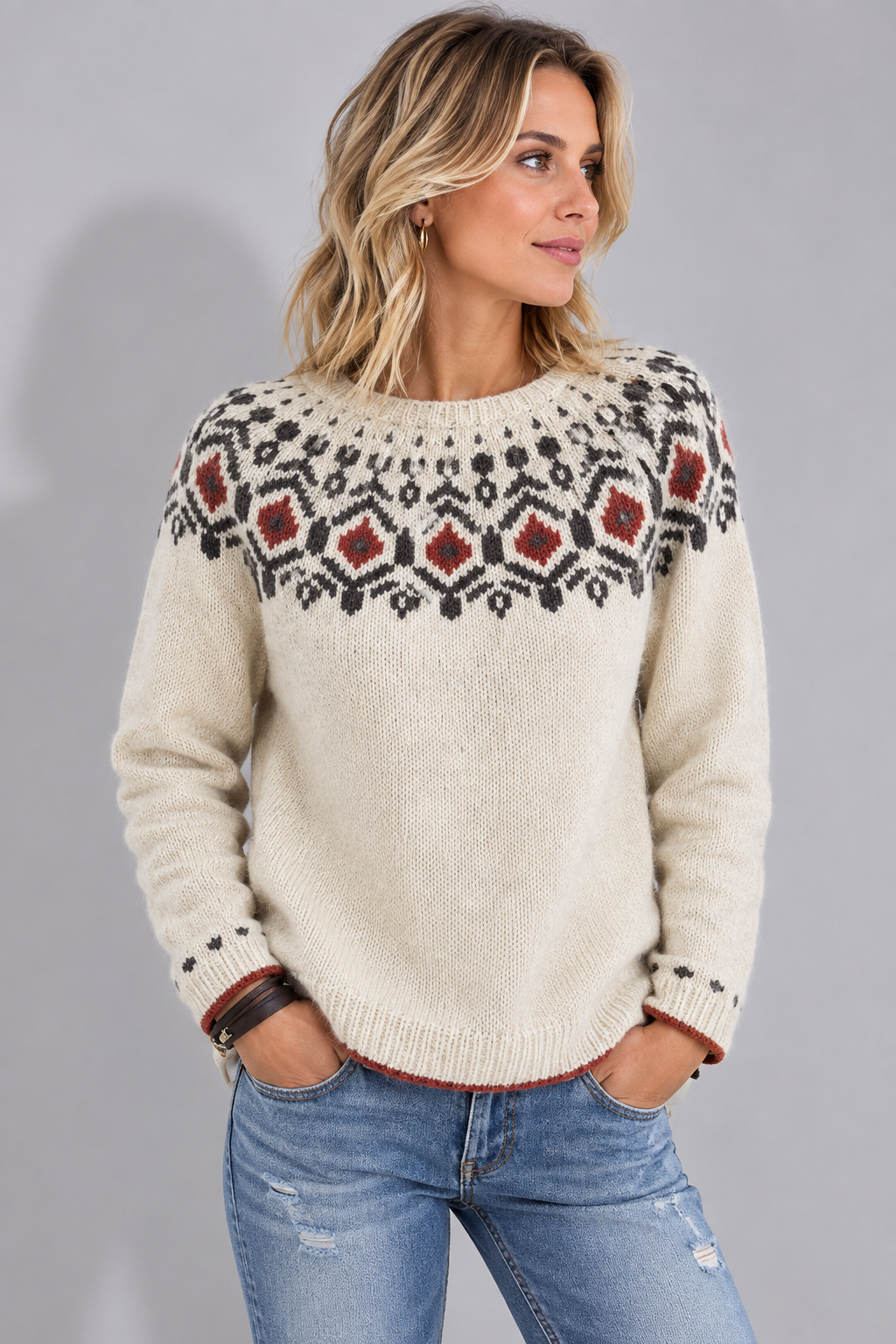 Pull Fair Isle Femme Jacquard Col Rond – Pull Nordique Coupe Ample | Style Cosy d'Hiver