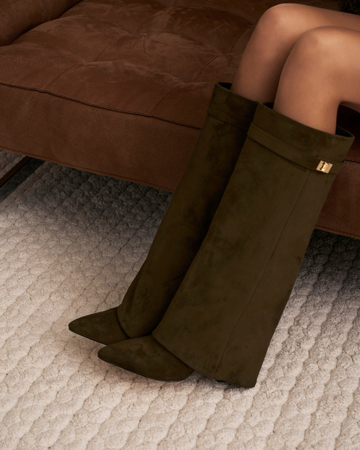 Bottes Hautes Femme Suède Talon Bloc – Tige Genoux Fermeture Latérale | Lavista Vert Olive