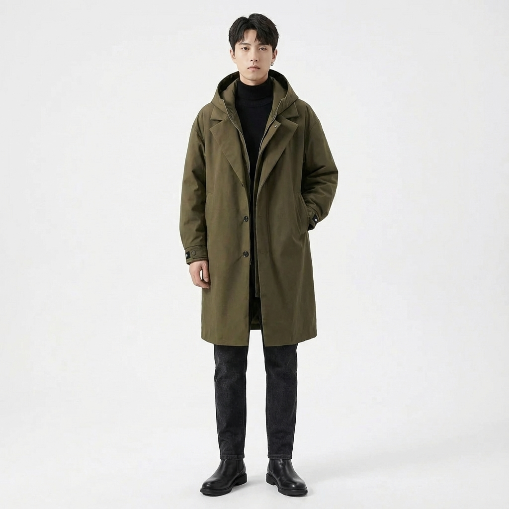 Parka Homme Longue à Capuche – Manteau Oversize Boutonné Zip Intérieur | Manteau Homme Chaud d'Hiver