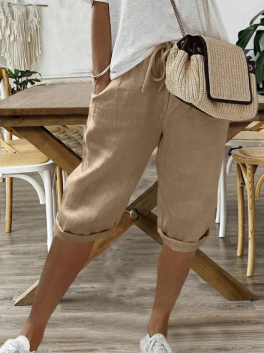 Lison | pantalon capri femme en lin à taille élastique avec ourlet retroussé