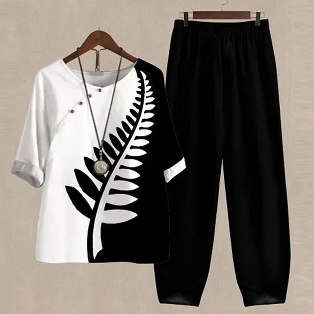 Ensemble Femme Top Imprimé & Pantalon – Coupe Fluide | Style Estival Décontracté