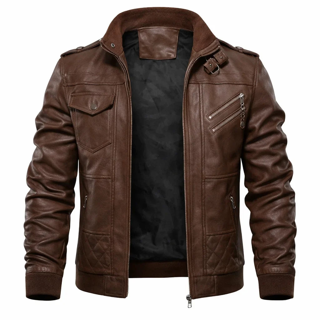 Blouson Bomber Homme Cuir Véritable – Col Côtelé Manches Zippées | Leather Elegance Edition