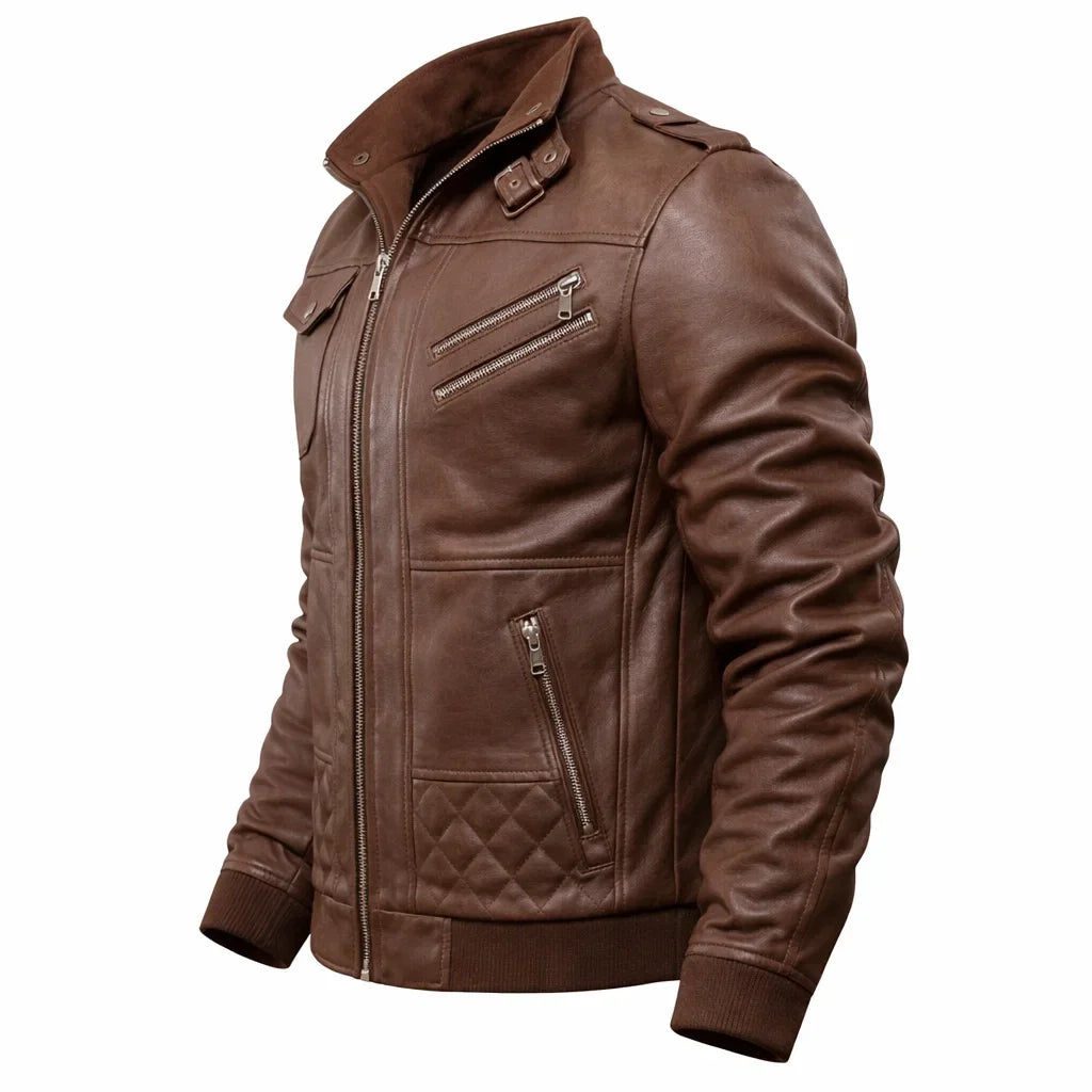 Blouson Bomber Homme Cuir Véritable – Col Côtelé Manches Zippées | Leather Elegance Edition