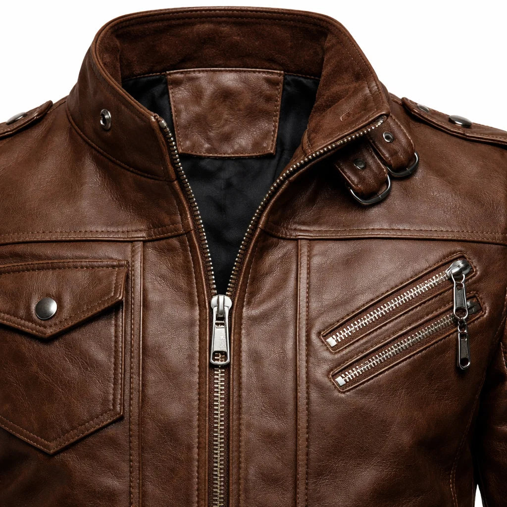 Blouson Bomber Homme Cuir Véritable – Col Côtelé Manches Zippées | Leather Elegance Edition