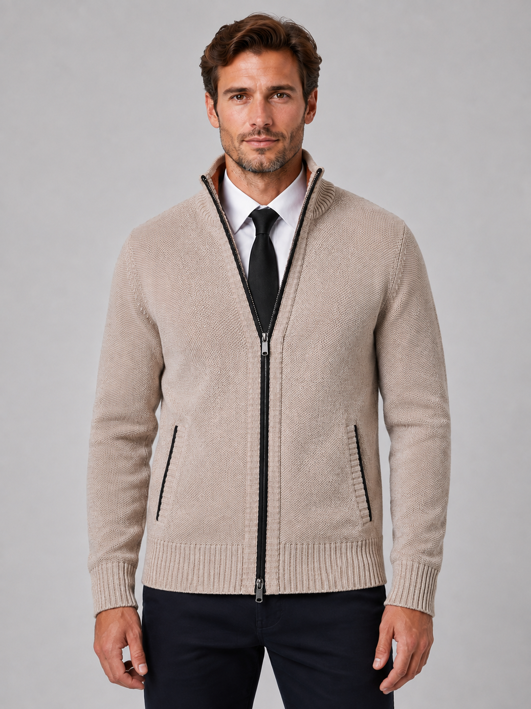 Cardigan Homme Zippé Maille Fine – Col Droit Manches Longues | Style Smart Casual Automne