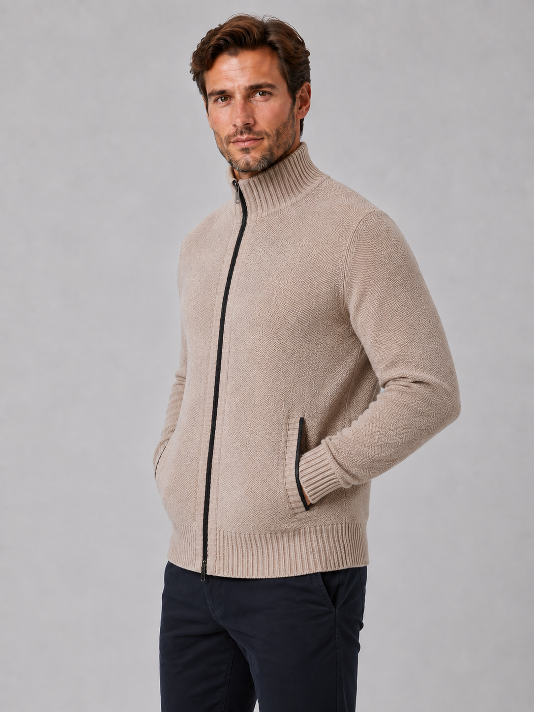 Cardigan Homme Zippé Maille Fine – Col Droit Manches Longues | Style Smart Casual Automne