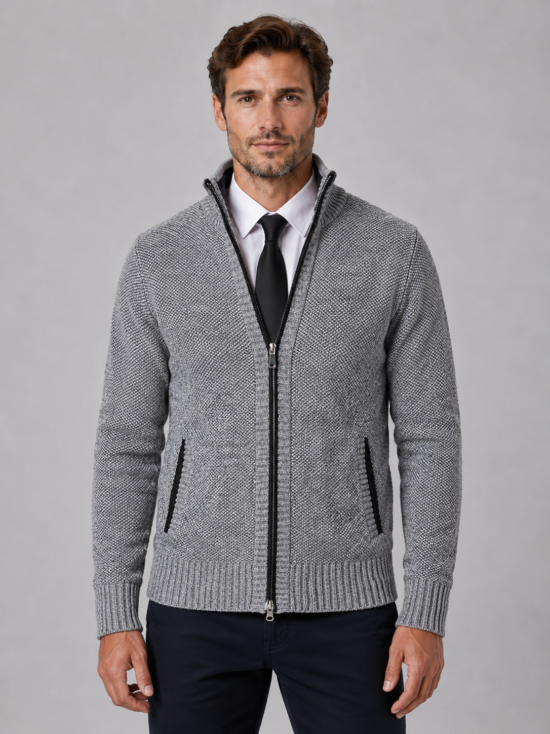Cardigan Homme Zippé Maille Fine – Col Droit Manches Longues | Style Smart Casual Automne