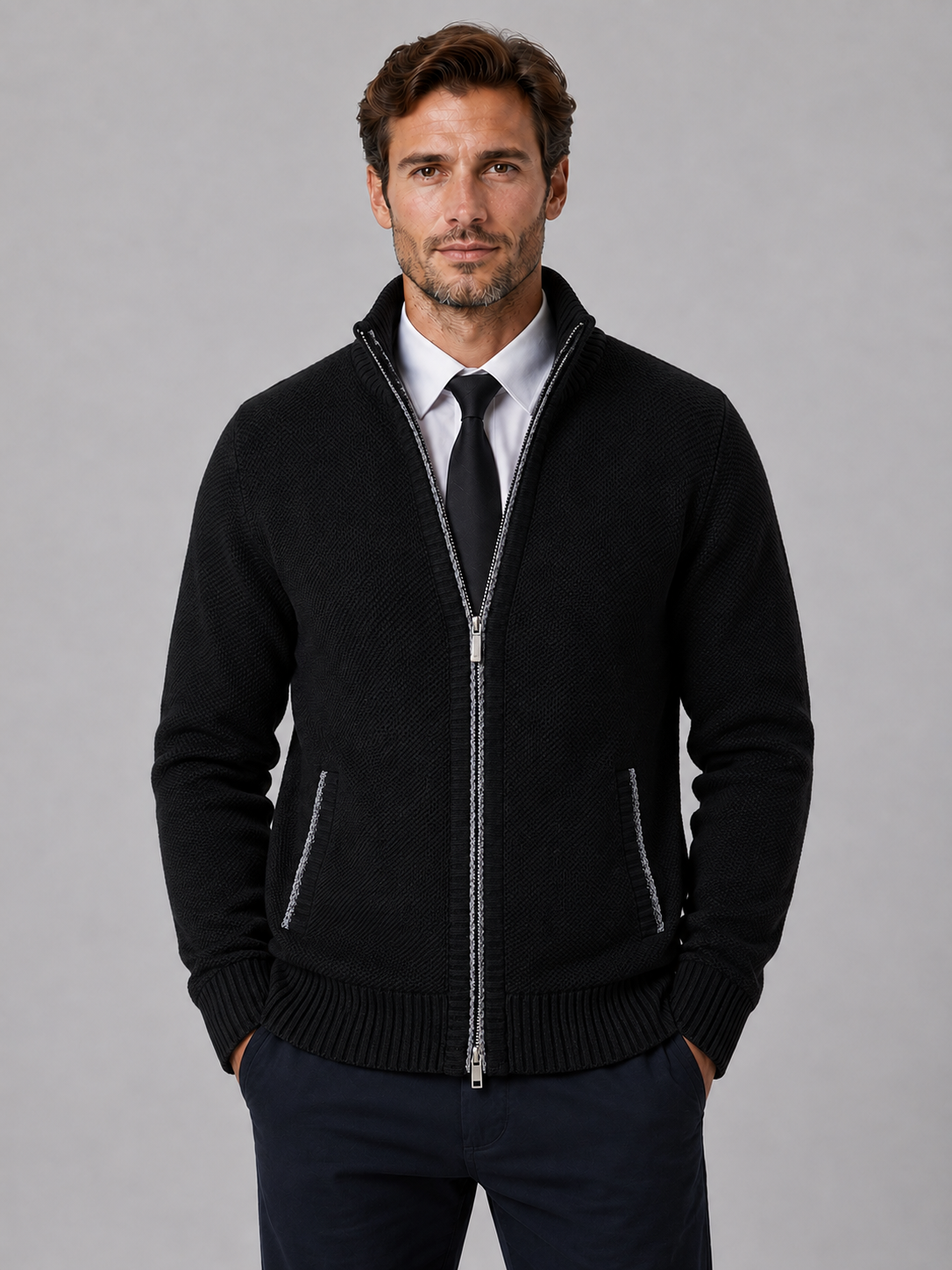 Cardigan Homme Zippé Maille Fine – Col Droit Manches Longues | Style Smart Casual Automne