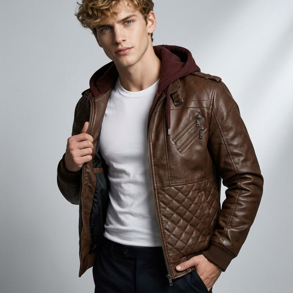 Blouson Bomber Homme Cuir Véritable – Col Côtelé Manches Zippées | Leather Elegance Edition